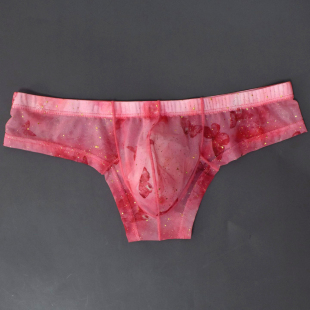 男士 印花大囊袋性感透明网纱小平角裤 U凸半包臀丁字裤 比基尼 内裤