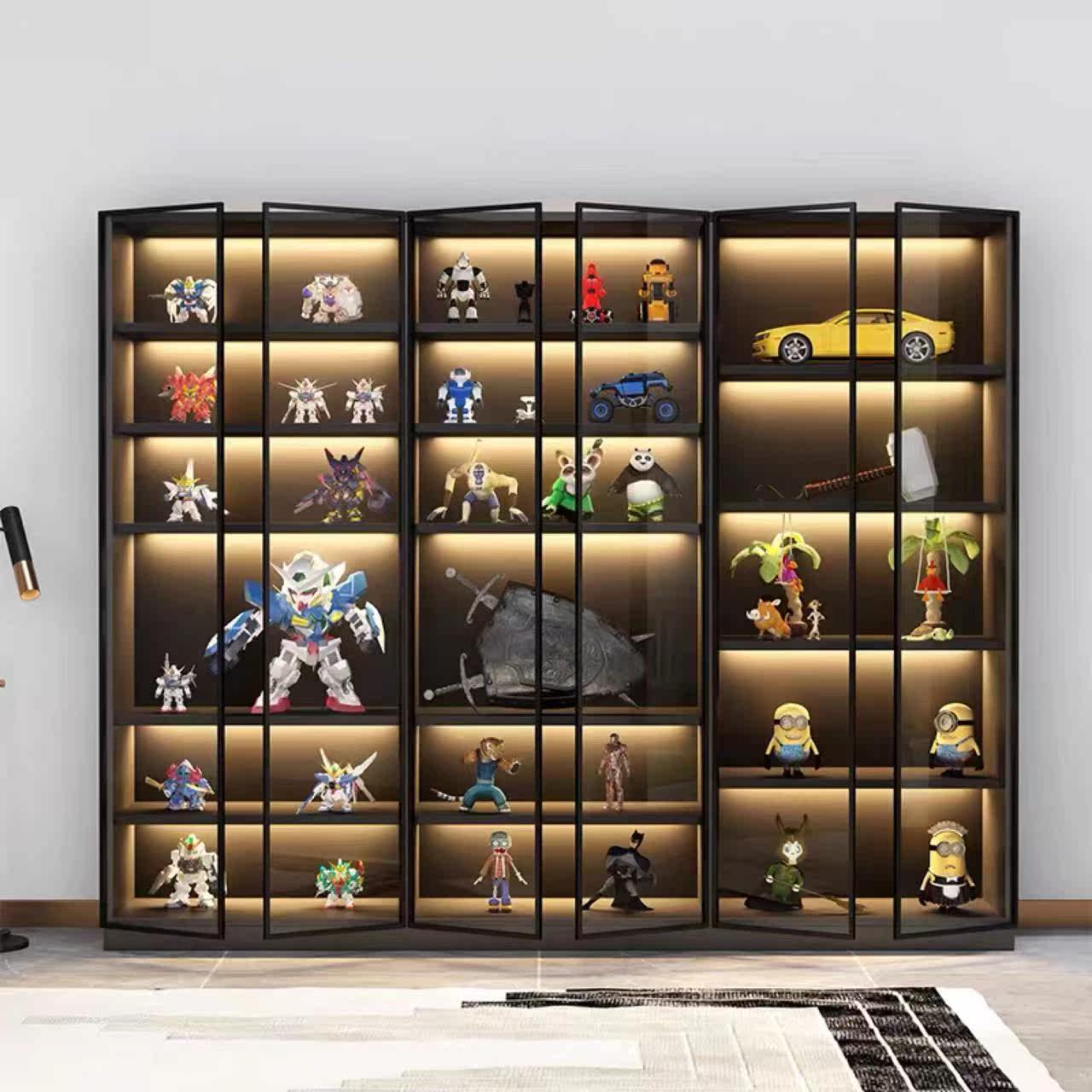 简约手办展示柜玻璃门书柜模型储物柜客厅家用玩具陈列柜实木定制