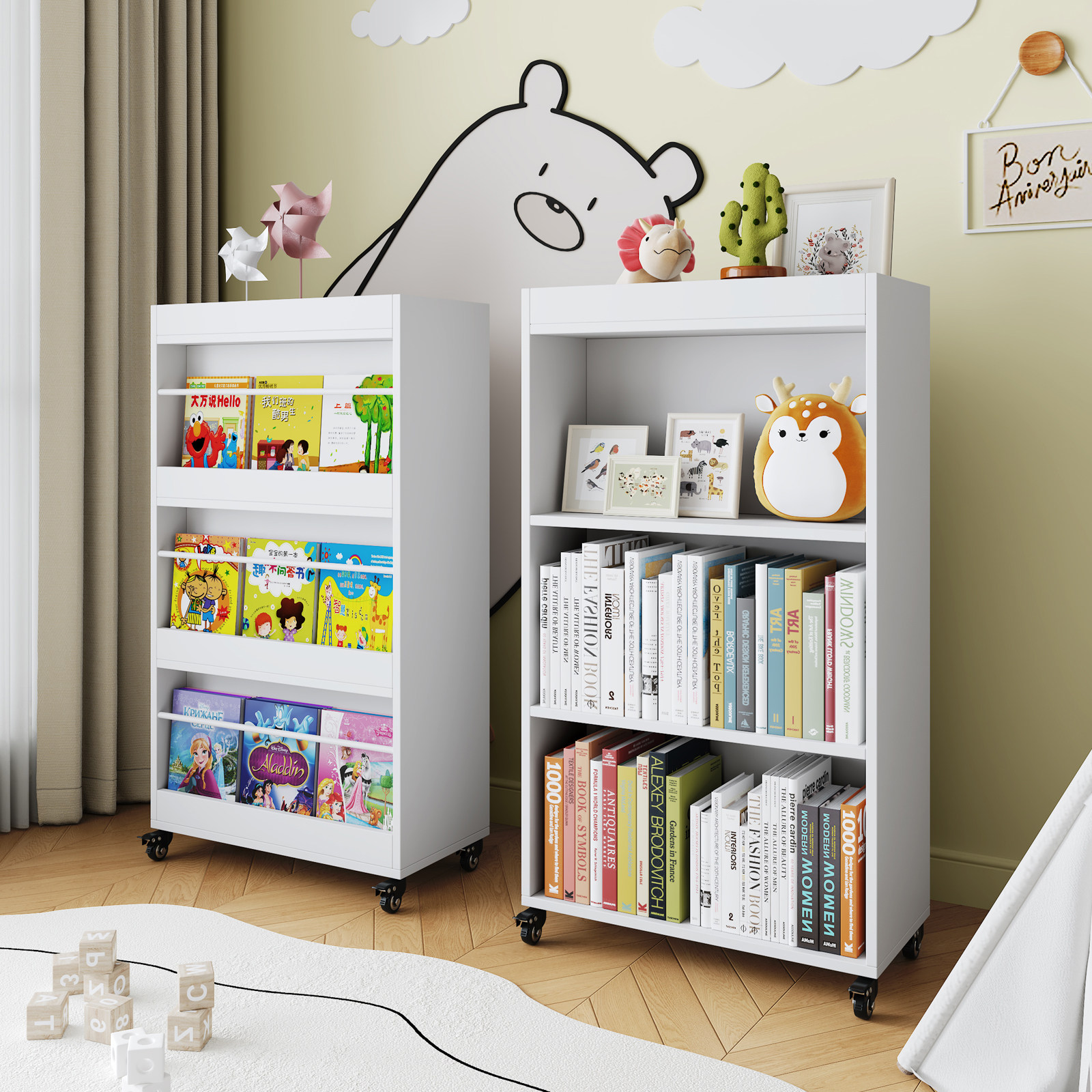 实木儿童双面书架可移动书柜宝宝绘本收纳架子带轮落地置物架家用,住宅家具,书架,淘宝优惠券,粉丝福利购,淘宝优惠卷