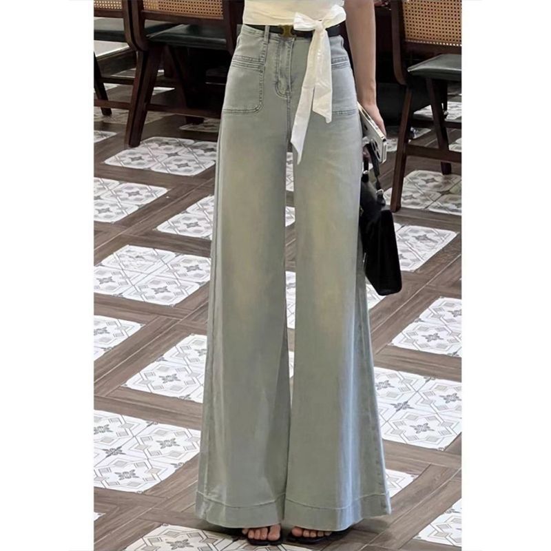 浅蓝高腰显高阔腿拖地牛仔裤女