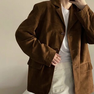 韩版复古西装皮衣外套女春秋冬款设计感显瘦宽松棕色外套夹棉上衣