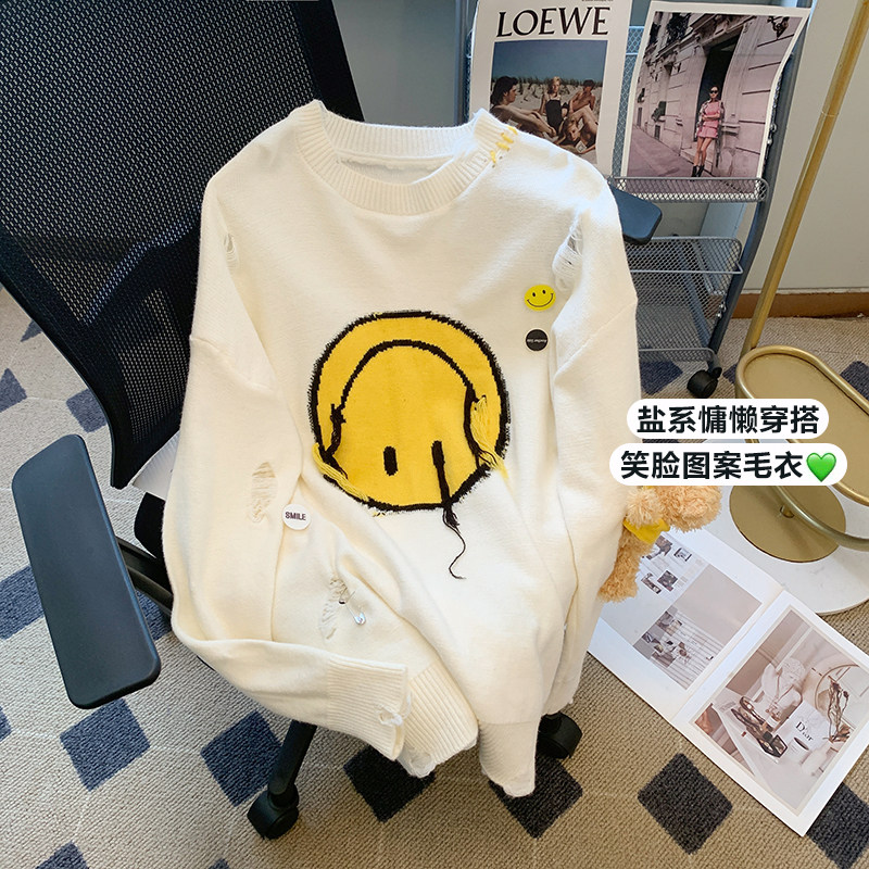 笑脸卡通立体玩偶小熊毛衣男女23秋冬新款刺绣圆领宽松针织衫P68图片