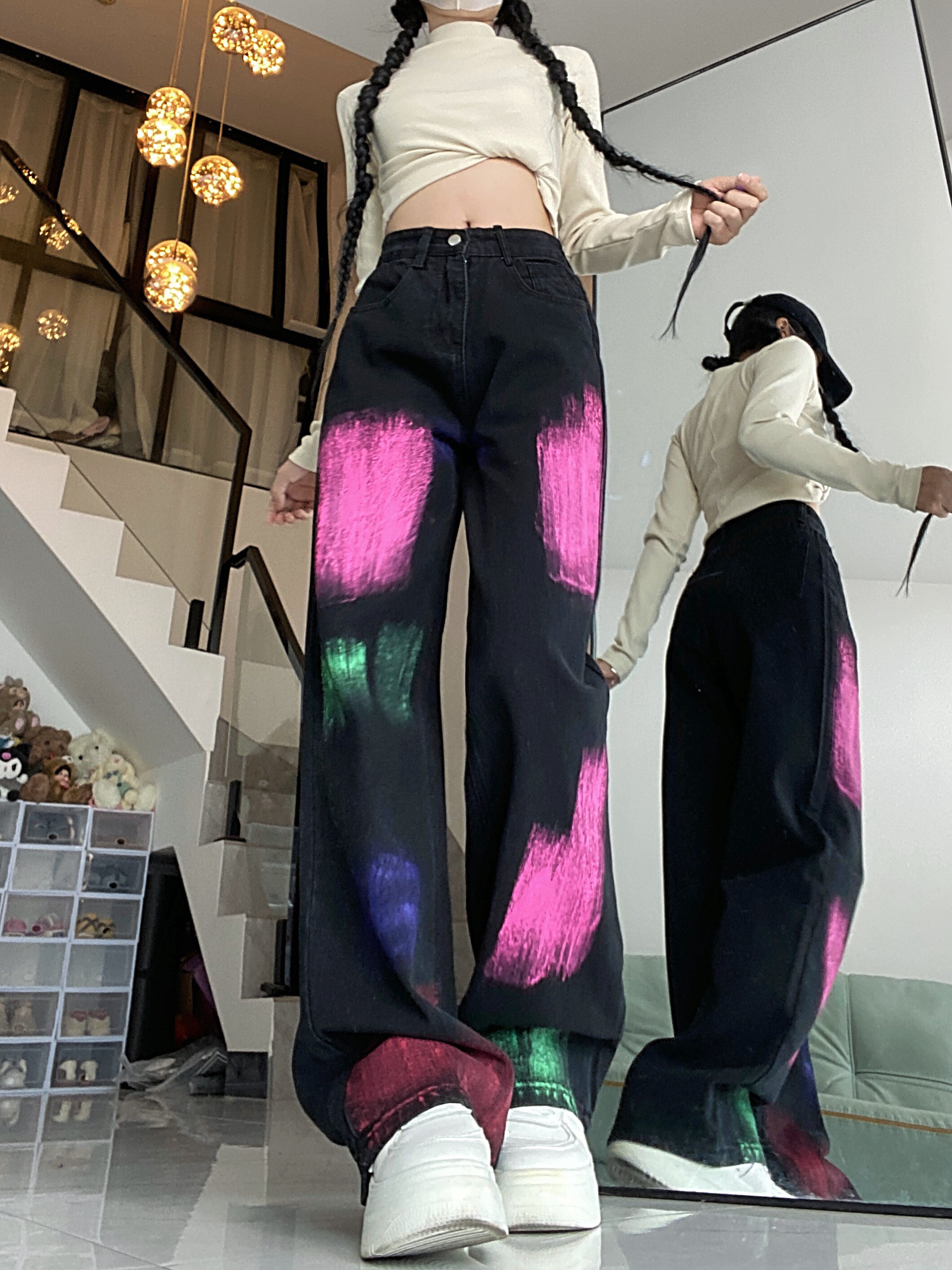 喷漆印花涂鸦美式男女复古创意百搭休闲宽松直筒阔腿裤insP55,男装牛仔裤,四季星座218-1