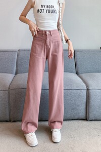 2023夏季新款脏粉色牛仔裤子高腰显瘦直筒宽松垂感拖地阔腿裤P56图片