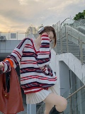 圆领撞色条纹毛衣情侣2023秋冬新款笑脸宽松慵懒风针织上衣P56，男装针织衫/毛衣，四季星座218-1