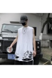 P27港风ins无袖破洞T恤男韩版2021夏季情侣款宽松上衣坎肩背心打，男装T恤，四季星座218-1