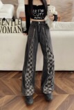 秋冬新款拉链拼接棋盘格美式直筒牛仔裤男女高腰显瘦阔腿裤P58，男装牛仔裤，四季星座218-1