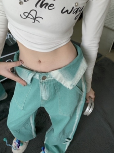 水洗撞色牛仔裤男女早秋复古翻领设计多巴胺穿搭辣妹直筒裤P68图片