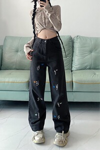烟灰色牛仔裤男女韩版宽松高腰直筒爱心泼墨阔腿裤ins潮P52图片