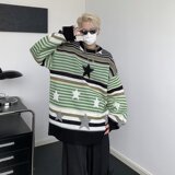 慵懒风街头马海毛条纹套头圆领毛衣美式情侣针织衫日系P62，男装针织衫/毛衣，四季星座218-1