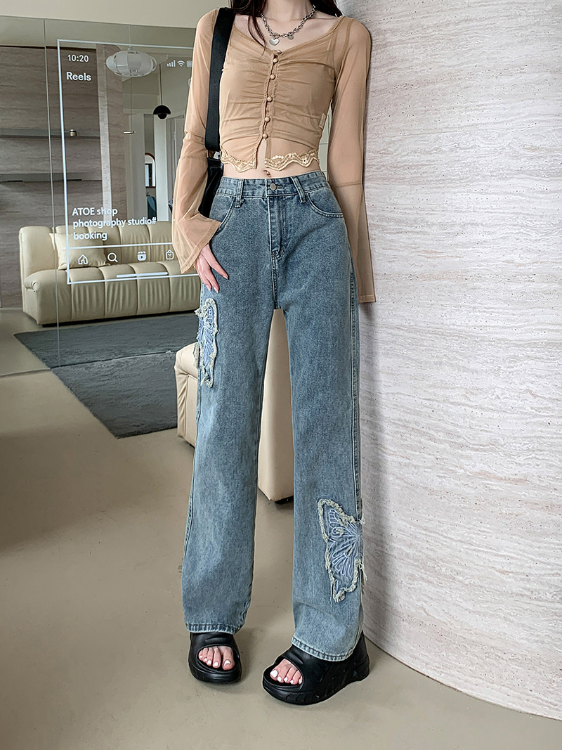 美式蝴蝶刺绣牛仔裤男女2023辣妹高腰修身显瘦拖地牛仔裤P60,男装牛仔裤,四季星座218-1