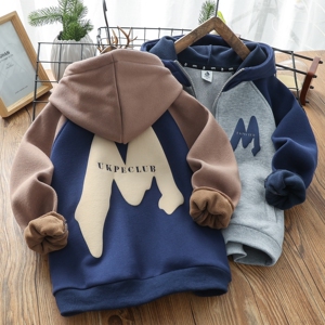 男童印花连帽外套一体绒加厚运动服儿童保暖开衫上衣冬季新款2022