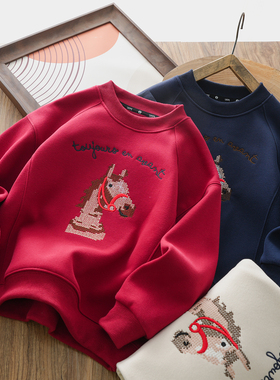 男童红色加绒卫衣冬款2026新款儿童马年新年拜年服中大童圆领衫