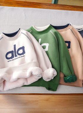 男童加绒加厚卫衣冬季2025新款儿童保暖圆领衫中大童一体绒上衣