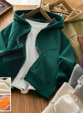 男童加绒连帽外套儿童保暖一体绒开衫2025冬款新品中大童加厚上衣