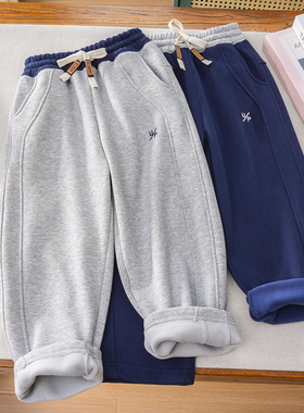 男童加绒弯刀裤裤子秋冬季儿童一体绒运动裤2025新款中大童长裤