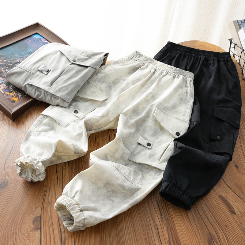 男童工装休闲裤子中大童2025春新款大口袋长裤儿童纯色拼接街潮裤