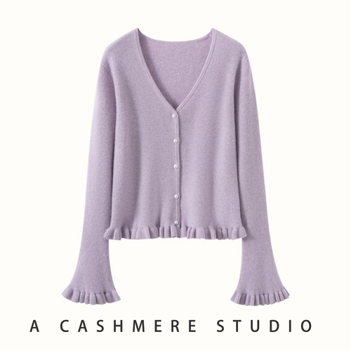 100%纯山羊绒开衫女V领针织