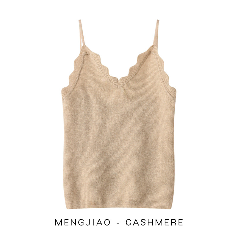 轻熟知性~100%纯山羊绒吊带背心女V领弹力花边针织内搭可外穿打底