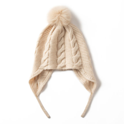 秋冬新款100%纯山羊绒帽子女可拆卸毛球针织冷帽保暖护耳包头帽