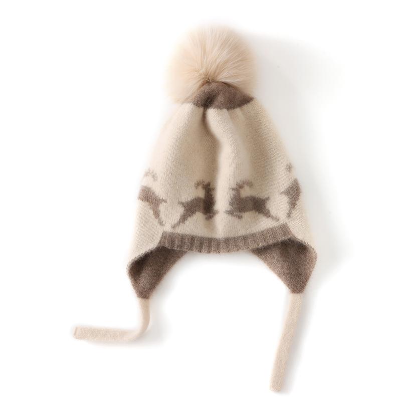 儿童秋冬100%山羊绒帽子男女童可拆卸毛球针织护耳帽加厚麋鹿提花