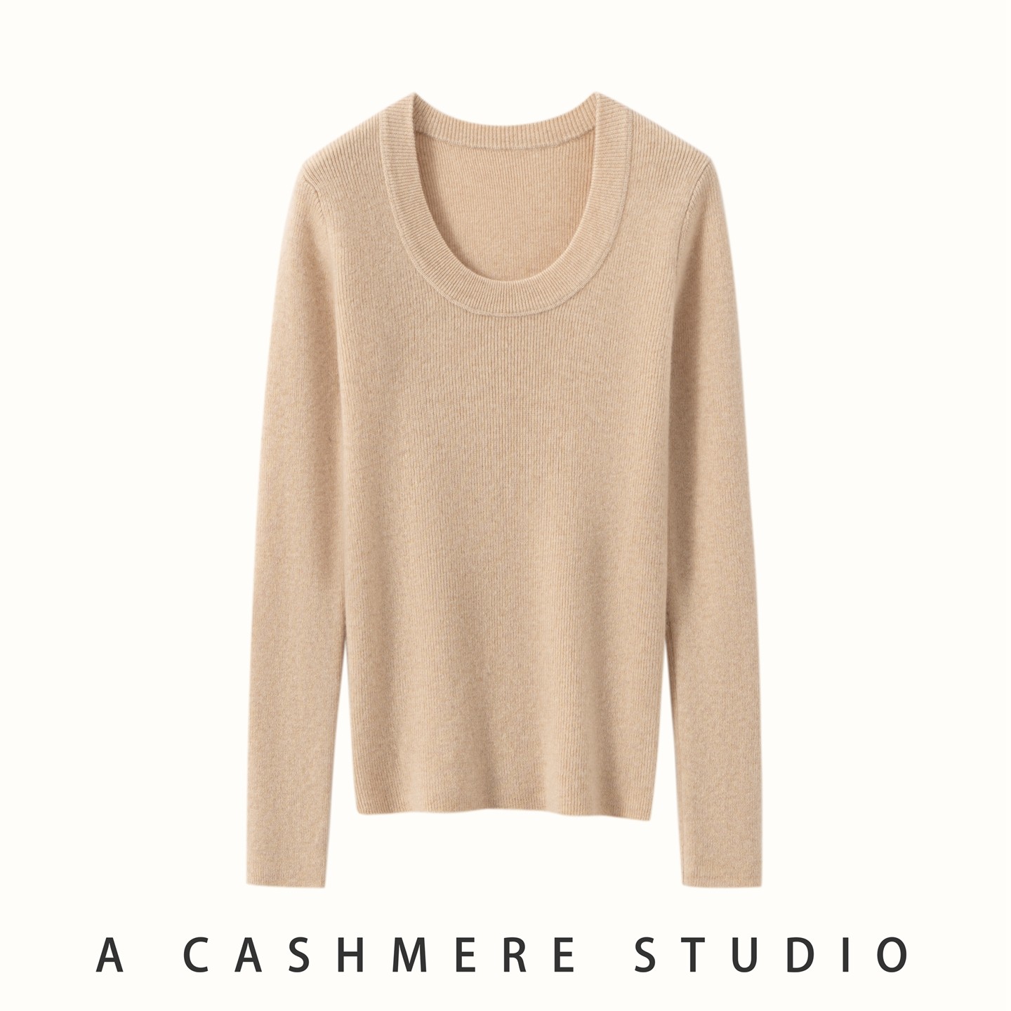 100%纯山羊绒衫女U领抽条针织