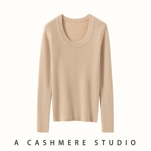 100%纯山羊绒衫女U领抽条针织