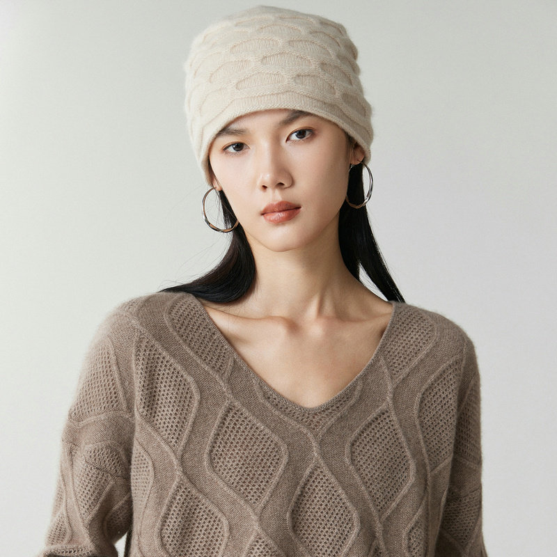 简约针织纯山羊绒包头帽女冬季加厚保暖麻花纹理显脸小百搭冷帽