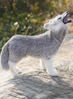 蹲狼叫狼 仿真狼 真皮仿真小狼 真皮手工工艺品 家居摆件 饰品