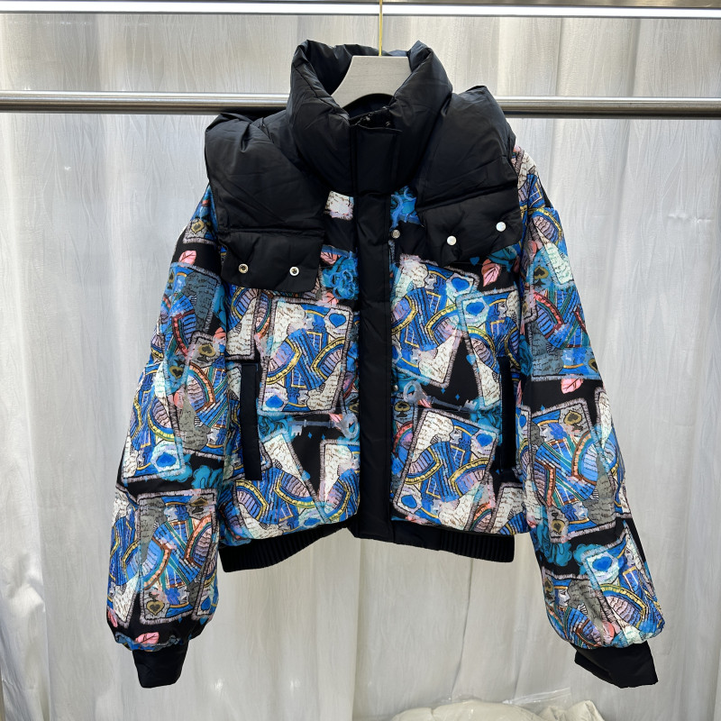 2025冬季款韩版印花抽绳连帽加厚保暖白鸭绒羽绒服短款外套25A026