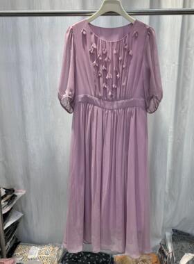 欧洲站2026夏季款连衣裙时尚圆领中长款气质减龄云雾丝连衣裙6098