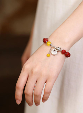 国风朱砂平安扣手链女复古转运珠