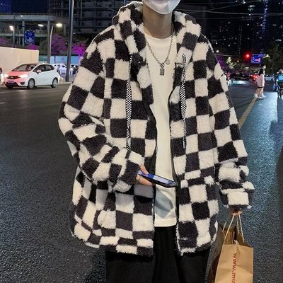 棋盘格棉服男冬季加绒加厚棉袄羊羔绒棉衣潮牌秋冬羊羔毛外套冬装