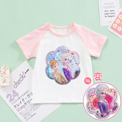 女童夏季短袖T恤亮片变色衣服儿童休闲上衣宝宝爱莎冰雪奇缘衣服