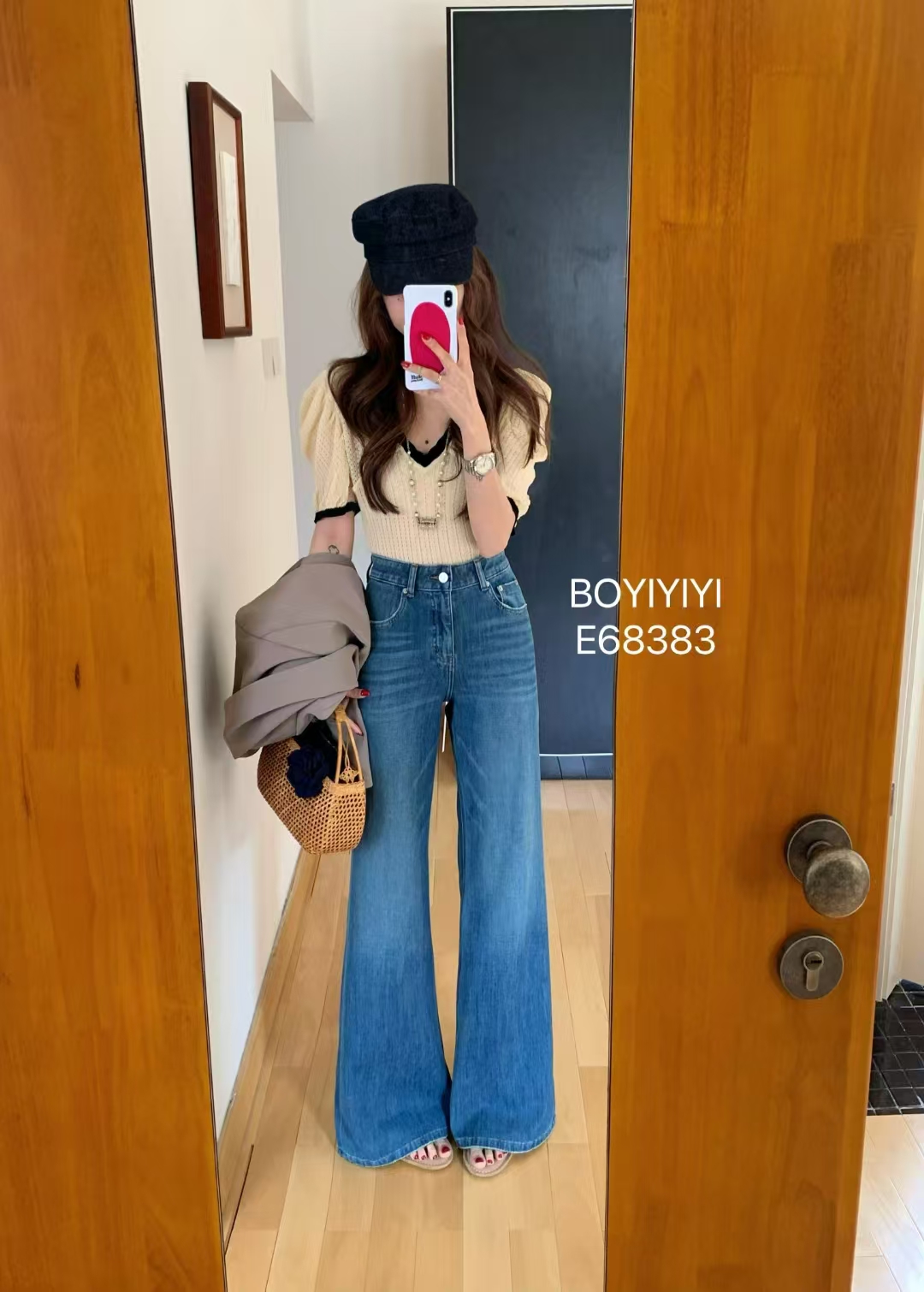 Boyiyiyi三衣四面弹高腰喇叭裤