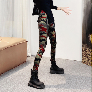 弹力紧身小脚九分裤 高腰显瘦铅笔裤 潮 女外穿2026秋冬季 迷彩打底裤