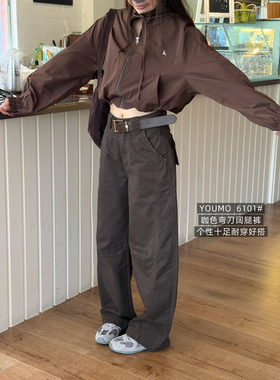 素心兰秋新款女美式复古休闲弯刀版型撞色线迹咖色直筒工装裤6101