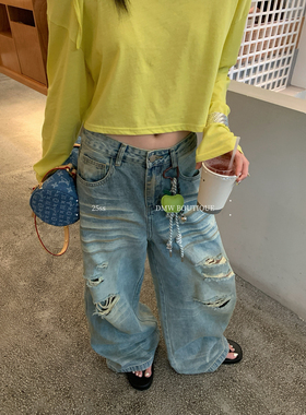 正品DMW夏新款现货女薄潮流复古辣妹风破洞做旧显个性破洞牛仔裤