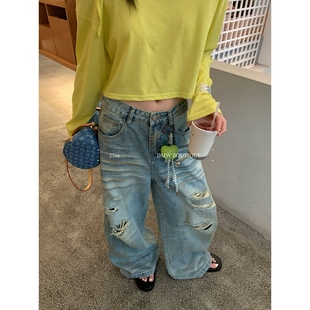 正品DMW夏新款现货女薄潮流复古辣妹风破洞做旧显个性破洞牛仔裤