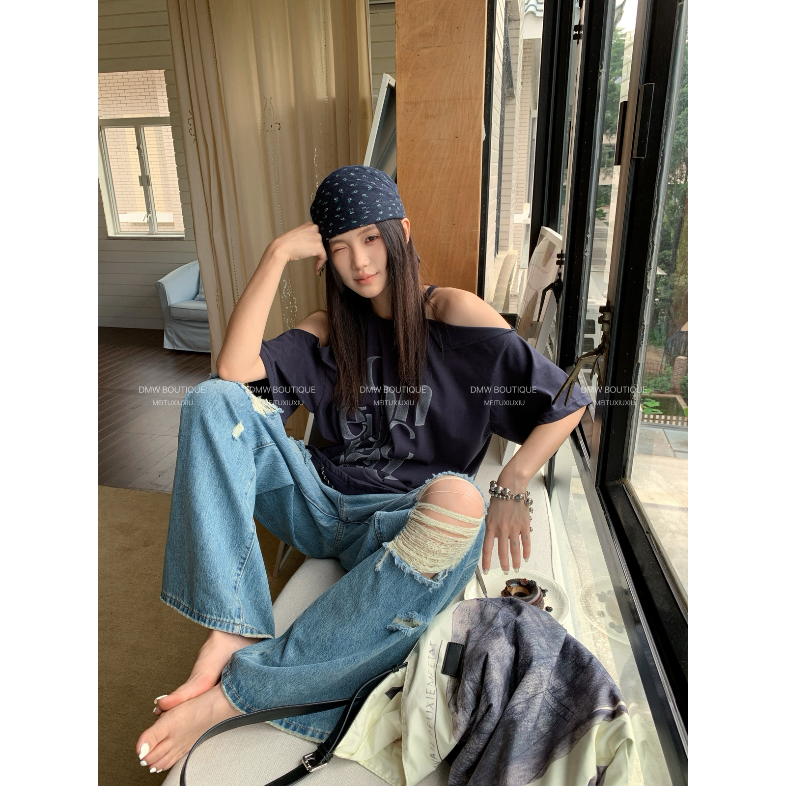 正品DMW2025新款女夏薄潮流休闲街头宽松破洞毛边直筒牛仔裤88079