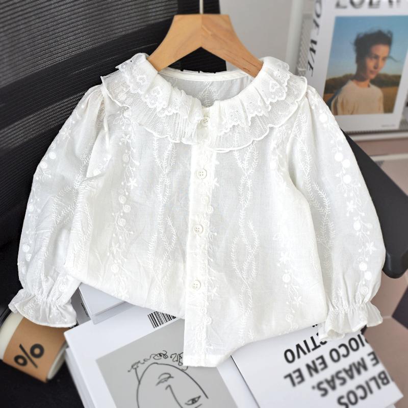 女童衬衫春秋款洋气韩版宝宝上衣纯棉娃娃领时髦白色长袖婴儿衬衣