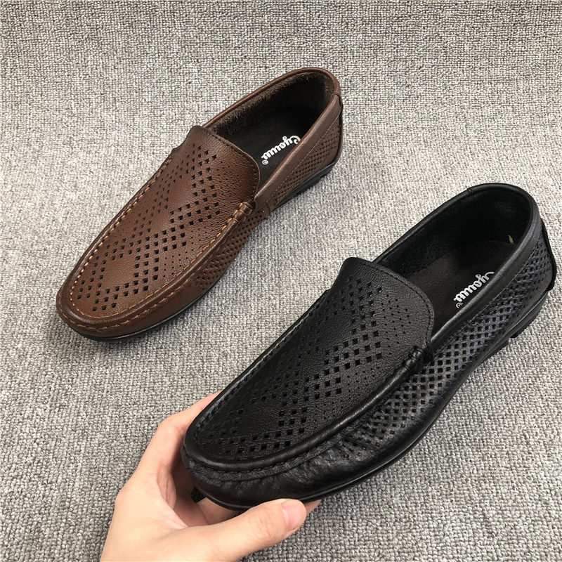 清仓处理断码真皮男鞋2019春款款休闲镂空透气软底牛皮低帮男鞋