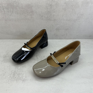 撤柜处理断码女鞋2026春款真皮一脚蹬方头浅口舒适粗跟漆皮女单鞋