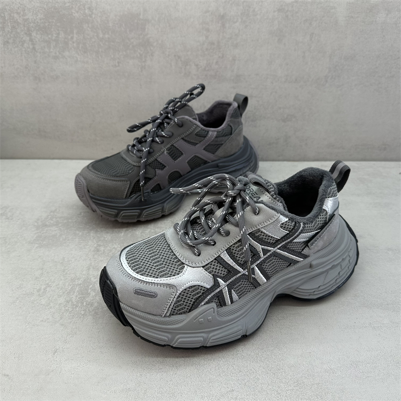 2025冬季新款断码处理真皮女鞋系带百搭厚底加绒老爹鞋休闲运动鞋