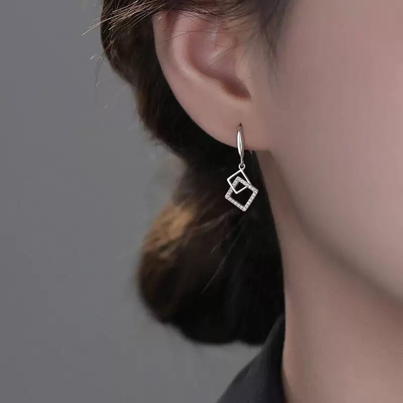 S925纯银几何菱形耳环女长款方形镂空耳坠饰品耳扣耳圈耳饰耳钉,饰品/流行首饰/时尚饰品新,银饰耳饰,淘宝优惠券,粉丝福利购,淘宝优惠卷