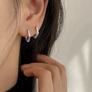 S925纯银耳环女新款五边形耳扣轻奢镶钻高级感耳饰耳圈耳钉耳坠