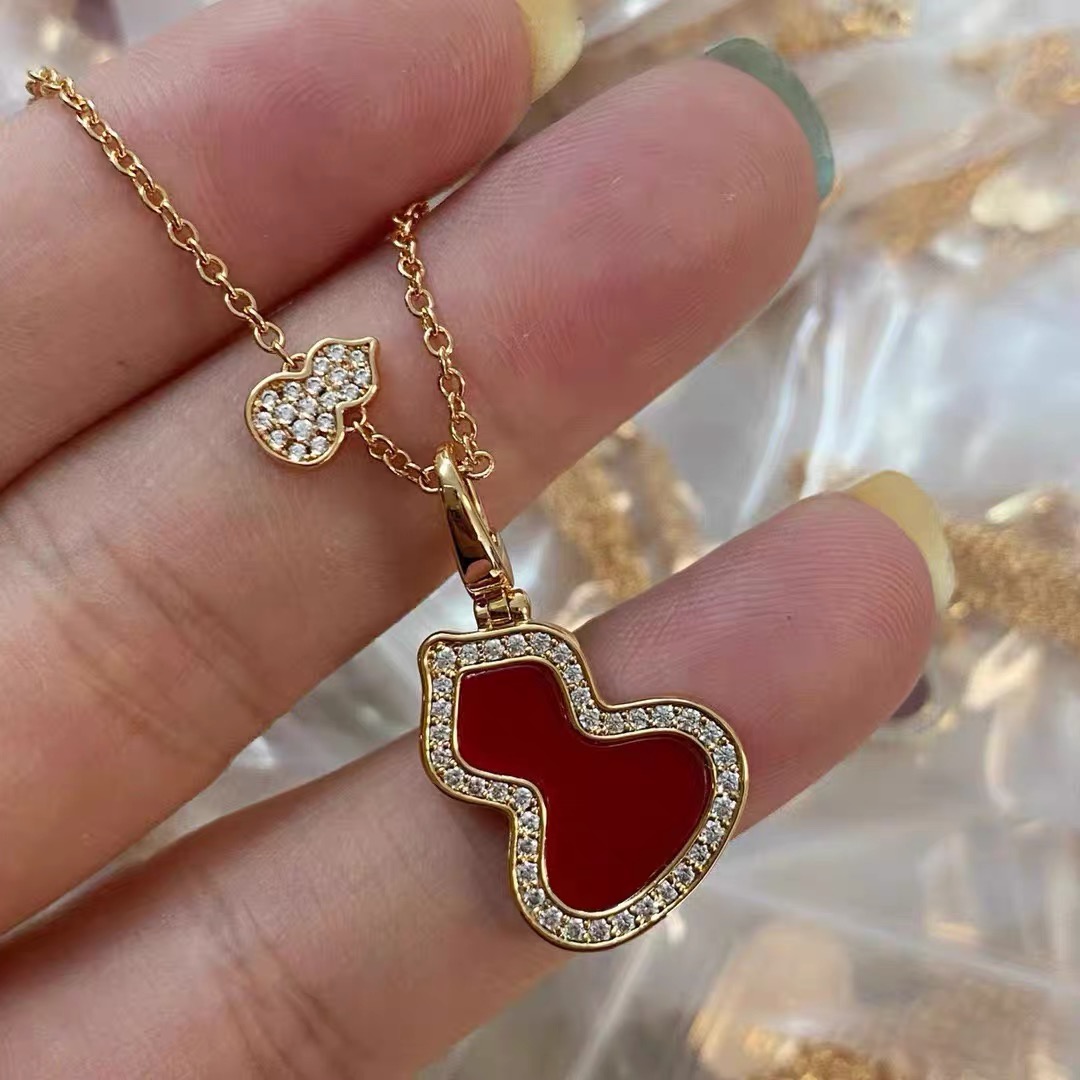 925银大小葫芦项链镀18k玫瑰金红玛瑙白贝母镶钻轻奢吊坠锁骨项链