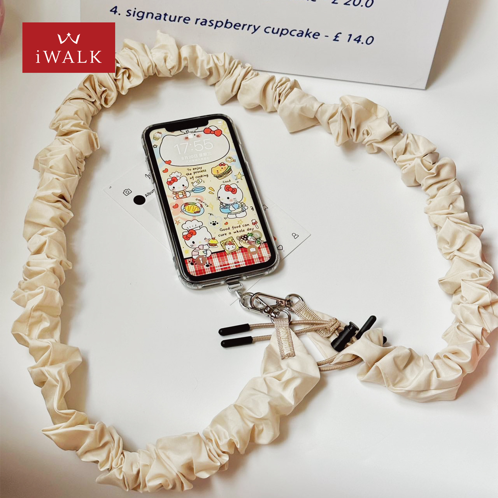 iWALK温柔奶油色高级感褶皱丝绸斜跨长绳手机挂绳户外结实耐用防丢挂链夹片ccd多功能便携侧肩背带小众不撞款