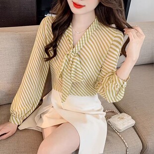 2026春秋季新款秋装蝴蝶结长袖条纹雪纺衬衫女士别致减龄洋气