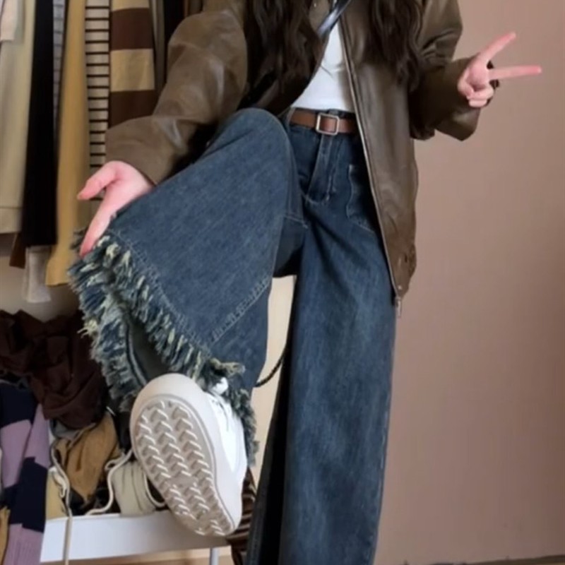 毛边a版阔腿牛仔裤女梨型身材显瘦裤子大码胖mm流苏大裤腿直筒裤